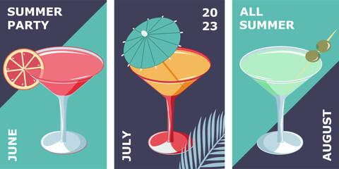 Summer party poster design template. Martini glass with umbrella. Illustration in Minimalistic style. Vector
