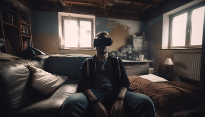 Fototapeta premium Happy man in virtual reality glasses in a mess in a room at home, escape from reality, virtual life concept, blurred motion. Generative AI