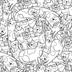 Cute doodle cats seamless pattern. Doodle black and white background with funny feline animals for coloring page. Outline print. Vector illustration