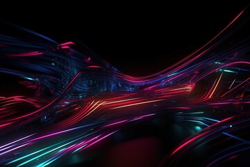 3d render, abstract neon ines over black background with perspective. Ultraviolet spectrum. Red blue glowing lines, laser rays, reflections, Generative AI