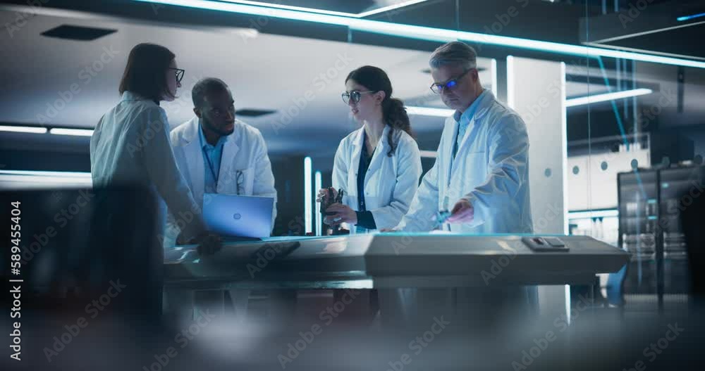 Poster Portrait of a Group of Industrial Robotics Engineers Working on a Humanoid Robot, Consulting with Specialists and Analyzing Electronic Components. Female Scientist Having a Meeting with Her Team