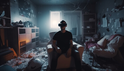 Fototapeta na wymiar Happy man in virtual reality glasses in a mess in a room at home, Video game addiction, virtual life concept, blurred motion. Generative AI