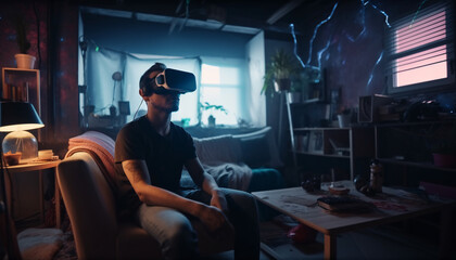 Obraz na płótnie Canvas Happy man in virtual reality glasses in a mess in a room at home, escape from reality, virtual life concept, in neon light. Generative AI