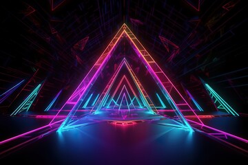 3d render, neon lights, abstract background, glowing lines, virtual reality, blue triangular arch, ultraviolet, infrared, spectrum vibrant colors, laser show, Generative AI