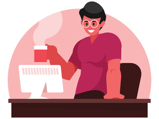 Coffee break at work. A man drinks coffee at his workplace. Programmer works. Vector graphics