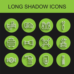 Set line Industry pipe and valve, Shower, metallic, Electric boiler, Toilet brush, Pipe adapter, Plumber and Water tap icon. Vector