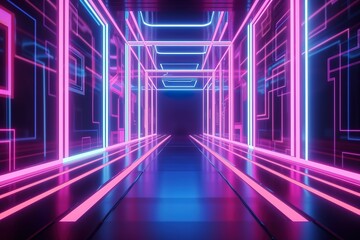 3d render, pink violet blue neon abstract background, ultraviolet light, night club empty room interior, tunnel or corridor, glowing panels, fashion podium,Generative AI