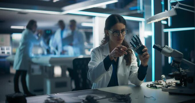 Rack Focus Switching from a Female Engineer Fixing a Bionic Hand Component to Industrial Robotics Specialists in Lab Coats Working on a Mobile AI Robot in a Tech Factory Facility