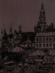 Sofia of Kiev in the rain hand drawn ink sketch on brown paper