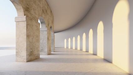 Architecture background interior with arched openings 3d render