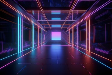 3d render, virtual reality environment, neon light, square portal, tunnel, ultraviolet spectrum, abstract background, laser show, fashion podium, path, way, stage, floor reflection, Generative AI
