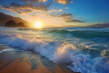 Naklejka premium Paradise beach with beautiful waves. Generative AI