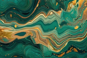 Abstract background, fake stone texture, malachite, agate with mint green and gold veins, painted artificial marbled surface, fashion marbling illustration, Generative AI