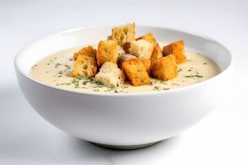 Close-up shot of soup with croutons, highlighting the creamy texture. Generative AI