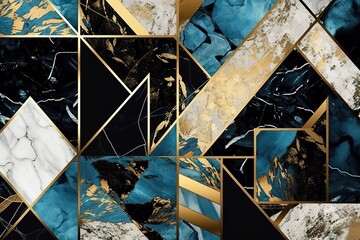 Abstract marble mosaic background, art deco wallpaper, black white blue gold marbled tile, geometrical fashion marbling illustration, artificial stone texture, Generative AI