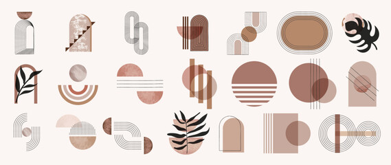 Fototapeta na wymiar Abstract minimal element mid century vector set. Aesthetic contemporary stripe line art, watercolor geometric shapes in earth tone. Art form design for wall art, decoration, wallpaper.