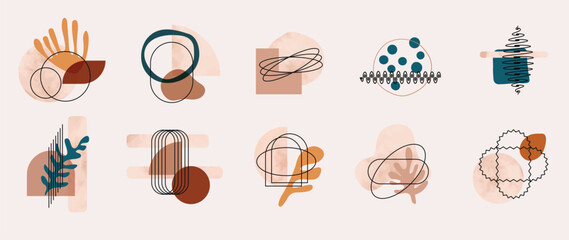 Abstract minimal element mid century vector set. Aesthetic contemporary stripe line art, watercolor geometric shapes in earth tone. Art form design for wall art, decoration, wallpaper.