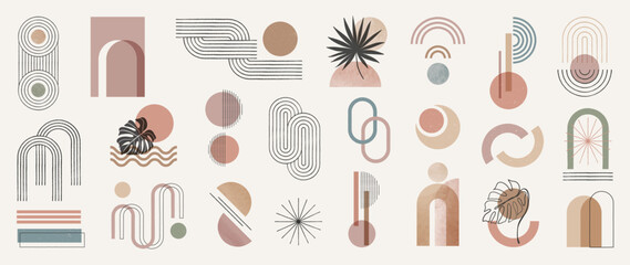Abstract minimal element mid century vector set. Aesthetic contemporary stripe line art, watercolor geometric shapes in earth tone. Art form design for wall art, decoration, wallpaper.