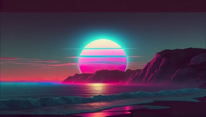 Retro futuristic synthwave style sunset (ai generate)