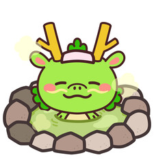 温泉に入る辰のかわいいキャラクター　イラスト素材