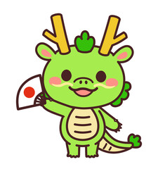 扇を持つ辰のかわいいキャラクター　イラスト素材