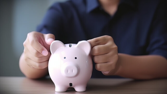 Close Up Hand Of Asian Young Businessman, Male Putting Coin Into A Piggy Ceramic For Saving Cost, Financial Plans To Spend Enough Money On His Income For Saving Money And Payment, Finance People