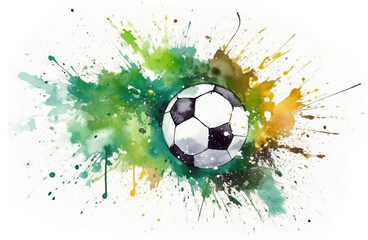 Fototapeta premium Watercolor design of a soccer ball on green splash - Generative AI