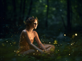 Fototapeta premium Nymph's Firefly Dance in Moonlit Forest, Enchanting Bronze Sculpture, Generative AI