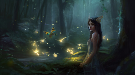 Enchanted Forest Nymph with Glowing Fireflies, Magical Whimsical Scene, Generative AI