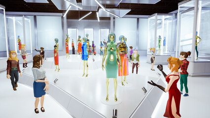 Metaverse avatars of people shopping in digital clothing shop, 3d render