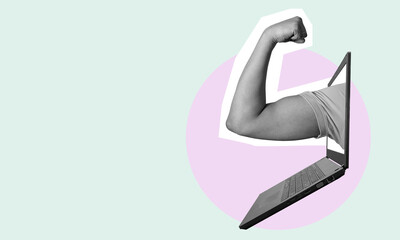Collage art, a sportsman's hand sticking out of a laptop against a light background.