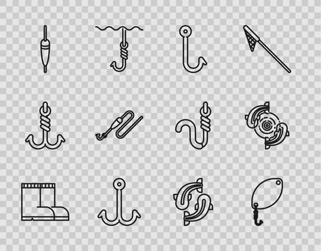 Set line Fishing boots, spoon, hook, float, line with and, and icon. Vector