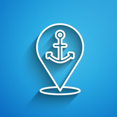 White line Map pointer with anchor icon isolated on blue background. Long shadow. Vector