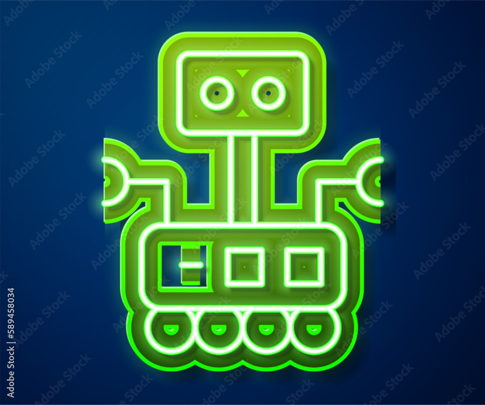 Poster glowing neon line robot icon isolated on blue background. artificial intelligence, machine learning,