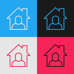 Pop art line Online working icon isolated on color background. Freelancer man working on laptop at his house. Remote work. Distant job concept. Vector