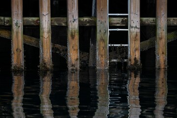 Old wooden jetty submerged in dark ocean waters, covered in moss
