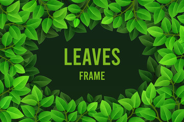Rectangular frame of young green leaves with an oval opening and depth on a dark background. Vector illustration, design element.