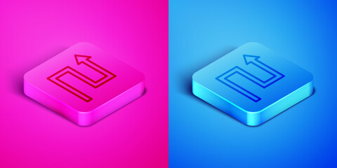 Isometric line Arrow icon isolated on pink and blue background. Direction Arrowhead symbol. Navigation pointer sign. Square button. Vector