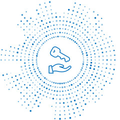 Blue line House key icon isolated on white background. Abstract circle random dots. Vector