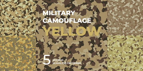 Seamless patterns of yellow military camouflage. Army masking camo. Abstract camouflage ornament for fabric design and clothes