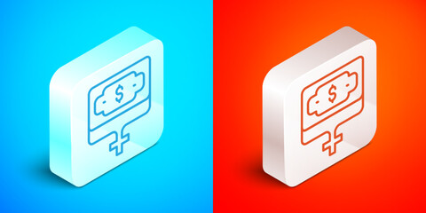 Isometric line Money growth woman icon isolated on blue and red background. Income concept. Business growth. Investing, savings and managing money concept. Silver square button. Vector