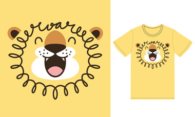 Cute lion roar illustration with tshirt design premium vector