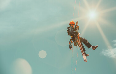 Male workers down height tank rope access inspection of thickness shell plate storage tank gas...