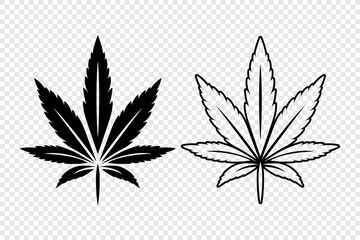Cannabis Leaves. Hemp, Cannabis Leaf Silhouette, Flat, Outline Icon Set Closeup Isolated. Growing Medical Marijuana. Vector Illustration