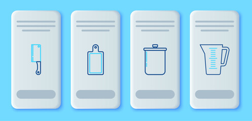 Set line Cutting board, Cooking pot, Meat chopper and Measuring cup icon. Vector