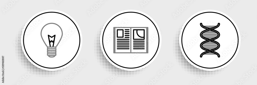 Poster set line dna symbol, light bulb with concept of idea and open book icon. vector