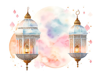 Obraz premium Charming Arabian Lantern pastel watercolor illustration with copy space. Suitable for Islamic events Eid Al Fitr, Eid Al Adha, Ramadan, Islamic New Year, Mawlid, Isra Miraj. Generative AI