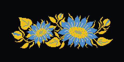 Realistic Cross-Stitch Embroideried Composition with Sunflowers. Ethnic Floral, Handmade Stylization. Traditional Ukrainian Yellow and Blue Embroidery. Ethnic Design Element. Vector 3d Illustration