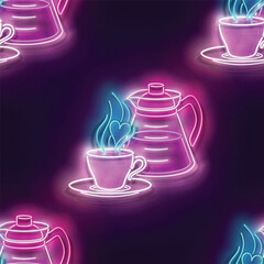 Seamless pattern with glow Coffee Pot with Cups. Cafe Label, Morning Drink. Neon Light Texture, Signboard. Glossy Background. Vector 3d Illustration 