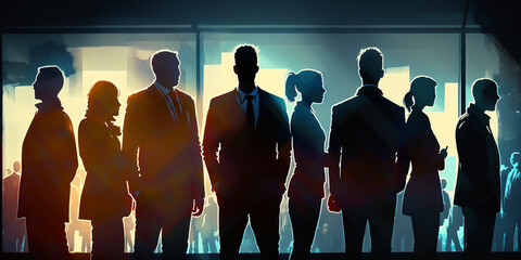 A group of corporate business people standing in silhouette, looking close to one another. They are all united, ready to work together and make their dreams a reality. generative ai.
